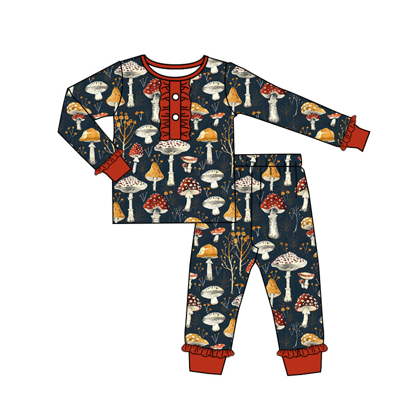 (Custom Design Preorder MOQ 5) Mushroom Print Girls Fall Pajamas Clothes Set