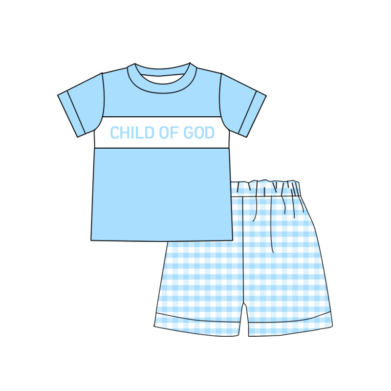 (Custom Design Preorder MOQ 5) CHILD OF GOD Aqua Top Plaid Shorts Boys Summer Clothes Set