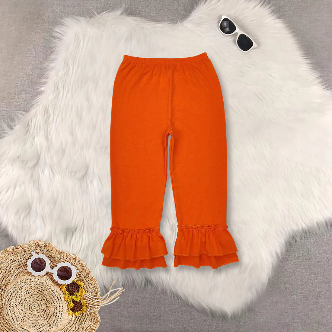 Ruffles Solid Color Girls Cotton Pants Sisters Wear