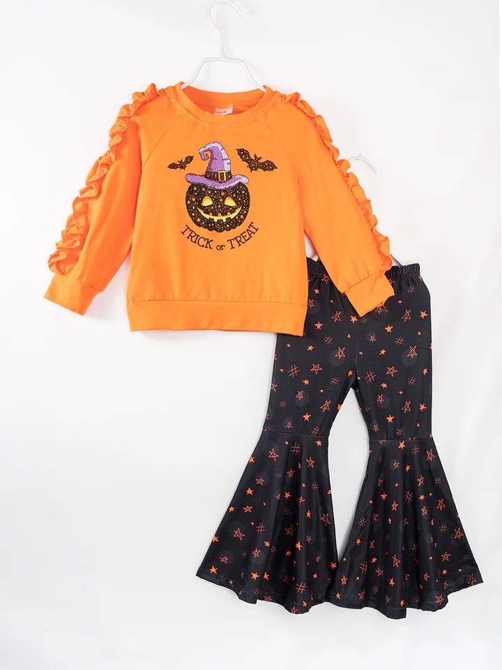 (Custom Design Preorder MOQ 5) Pumpkin Trick or Treat Orange Top Bell Pants Girls Halloween Clothes Set