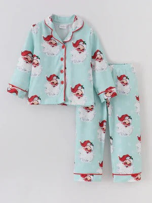 (Custom Design Preorder MOQ 5) Santa Print Girls Christmas Pajamas Clothes Set