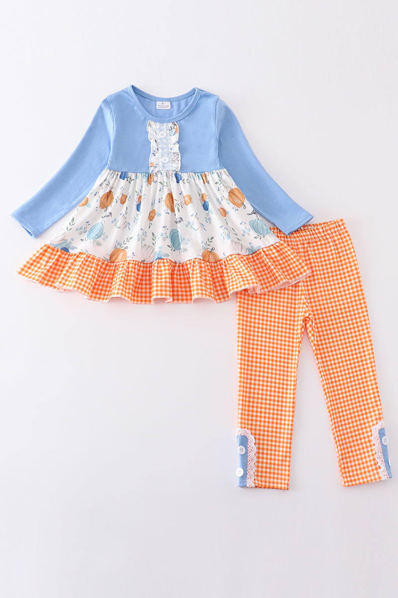 (Custom Design Preorder MOQ 5) Pumpkin Tunic Top Orange Plaid Pants Girls Fall Clothes Set