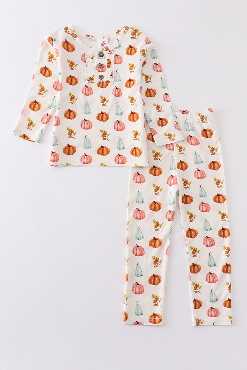(Custom Design Preorder MOQ 5) Pumpkin Print Girls Fall Pajamas Clothes Set