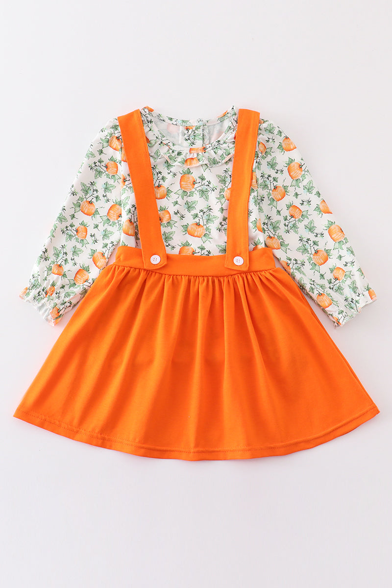 (Custom Design Preorder MOQ 5) Pumpkin Top Orange Overalls Dress Girls Fall Clothes Set