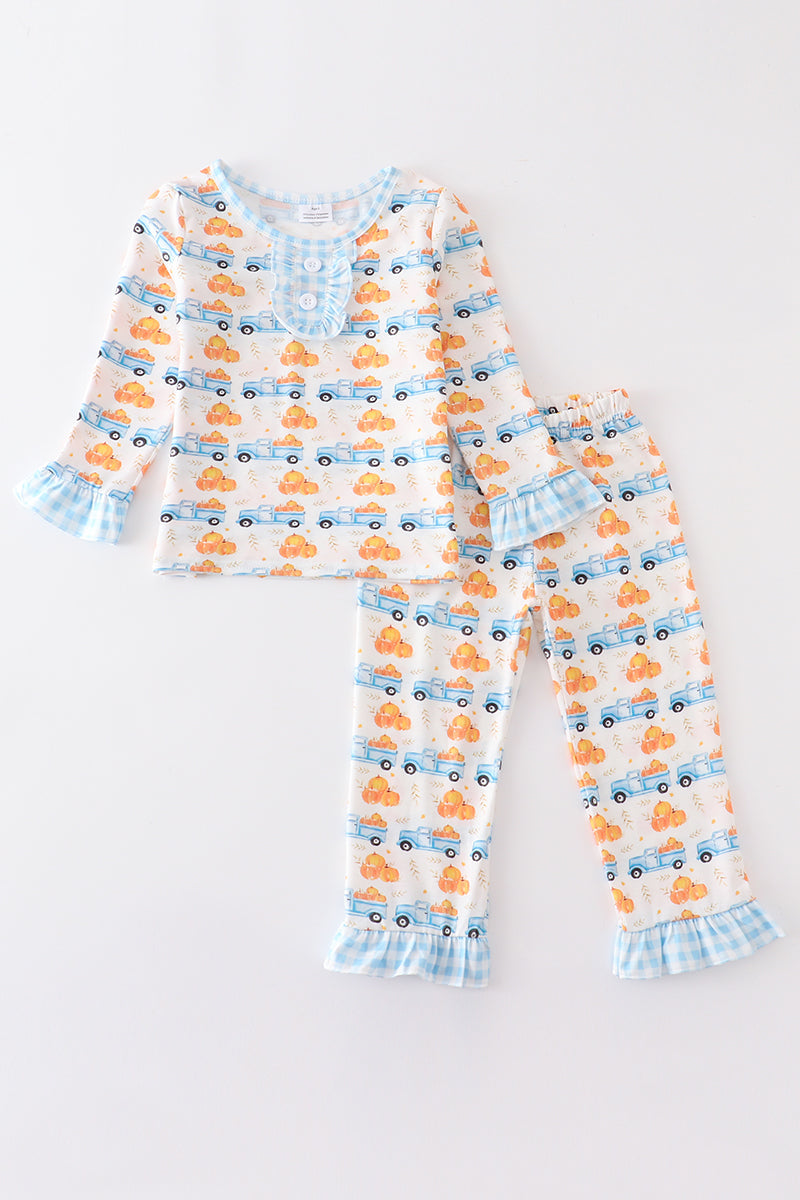 (Custom Design Preorder MOQ 5) Pumpkin Trucks Print Girls Fall Pajamas Clothes Set
