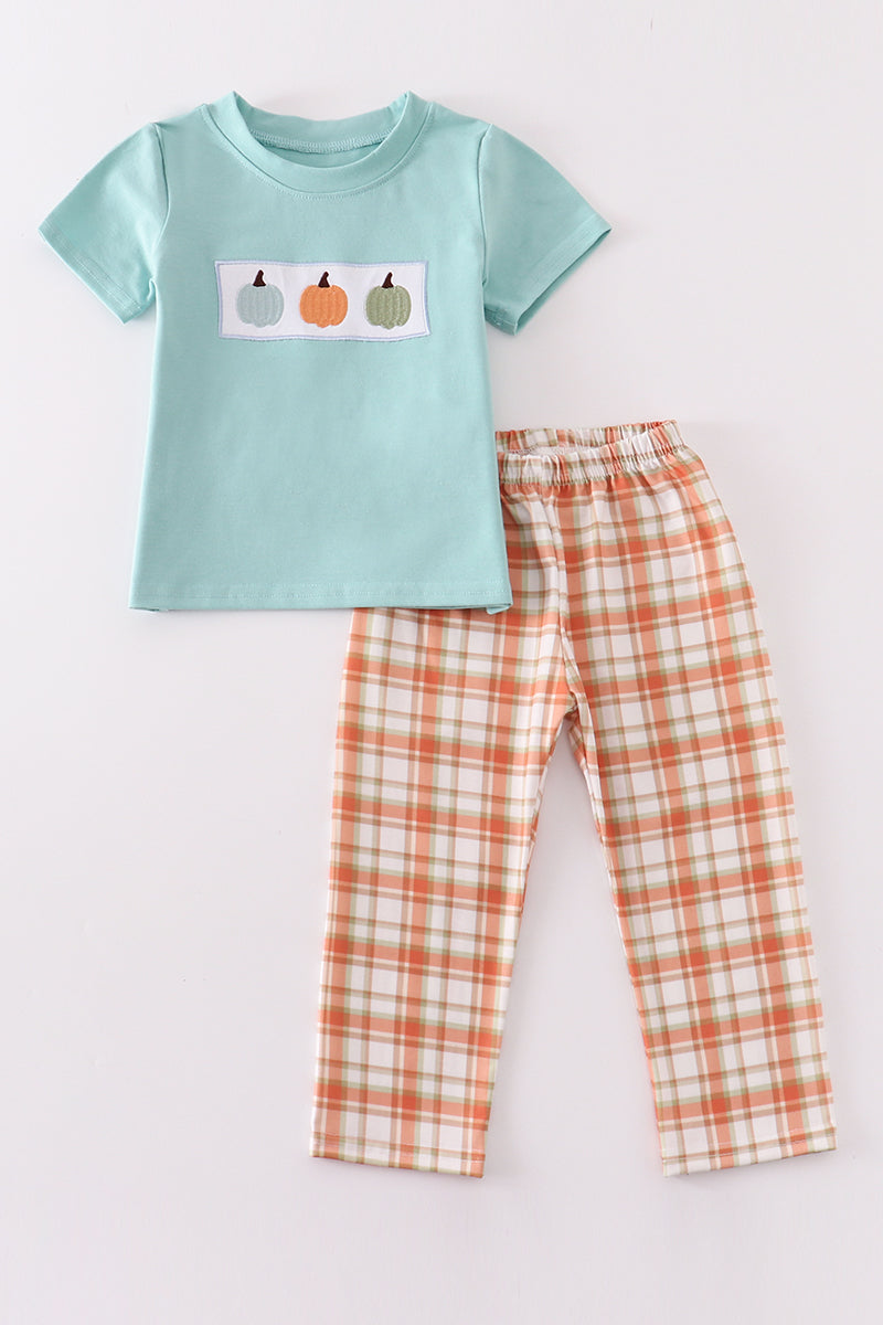 (Custom Design Preorder MOQ 5) Pumpkin Top Orange Plaid Pants Boys Fall Clothes Set