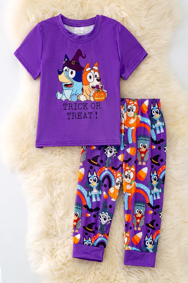 (Custom Design Preorder MOQ 5) Cartoon Dog Pumpkin Candy Purple Print Kids Halloween Clothes Set
