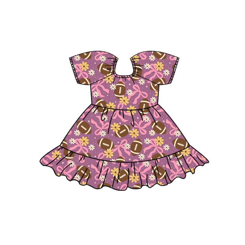 (Custom Design Preorder MOQ 5) Baby Girls Pink Bows Footballs Flowers Team Ruffle Knee Length Dresses