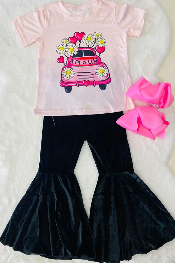 (Custom Design Preorder MOQ 5) Flower Truck Pink Top Black Bell Pants Girls Valentine's Day Clothes Set