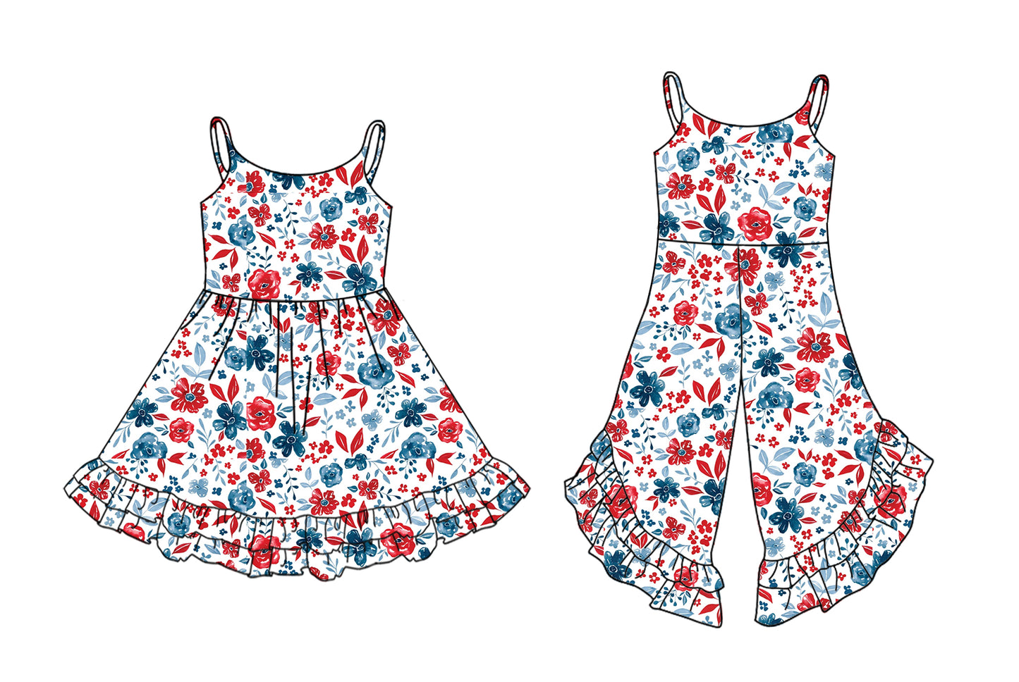 2.24(Custom Design Preorder MOQ 5 Each Design) Red Blue Flowers Print Girls 4th of July Matching Clothes Sisters Wear
