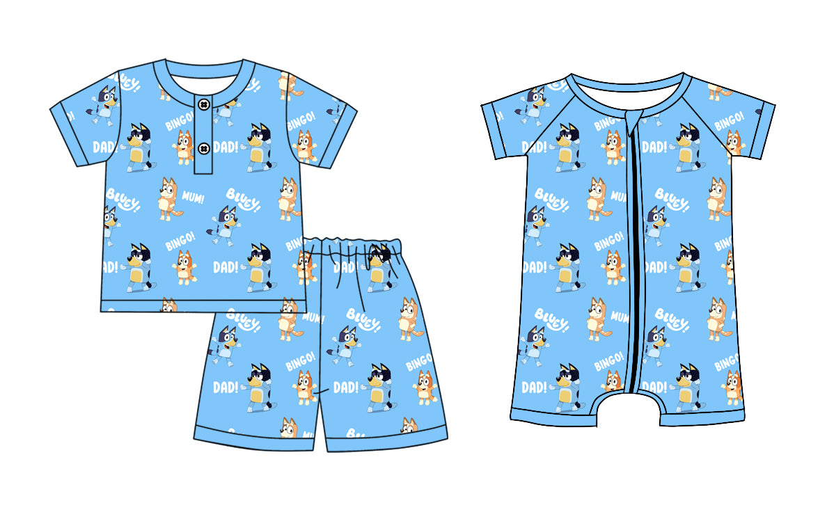 1.7(Custom Design Preorder MOQ 5 Each Design) Cartoon Dog Blue Print Kids Summer Matching Clothes Sibling Wear