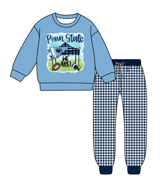 (Custom Design Preorder MOQ 5) Team's Penn State Top Plaid Pants Boys Fall Clothes Set