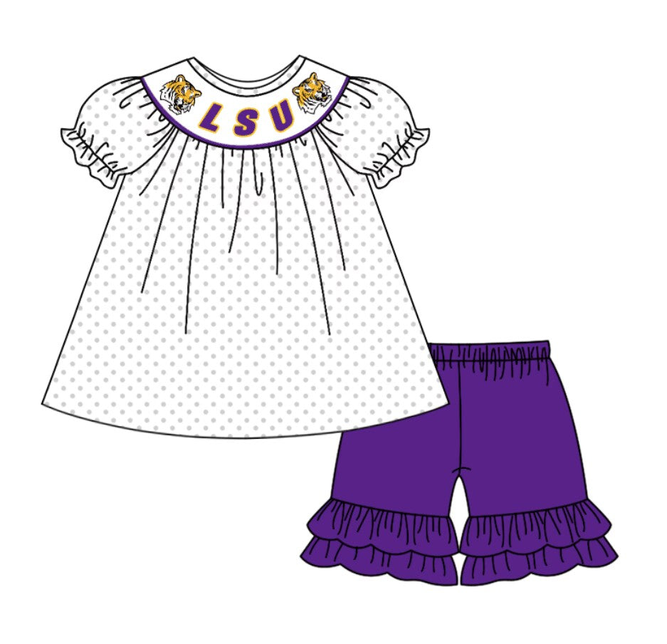 (Custom Design Preorder MOQ 5 ) Team's LSU Dots Top Purple Shorts Girls Summer Clothes Set