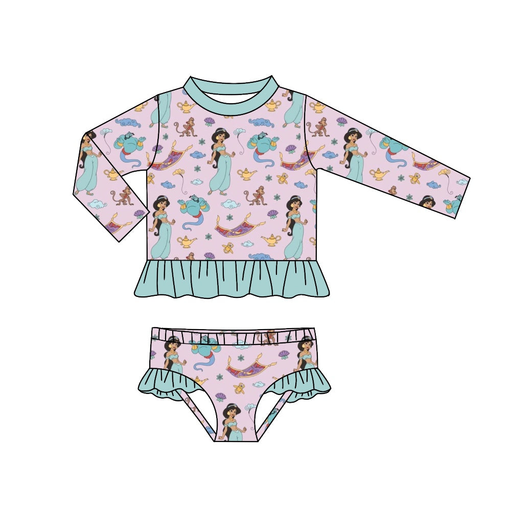 (Custom Design Preorder MOQ 5) Princess Lamp Print Girls 2 Pieces Long Sleeve Swimsuits