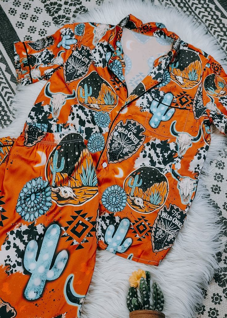 (Custom Design Preorder MOQ 5) Adult Turquoise Aztec Cactus Print Woman Buttons Pajamas Clothes Set