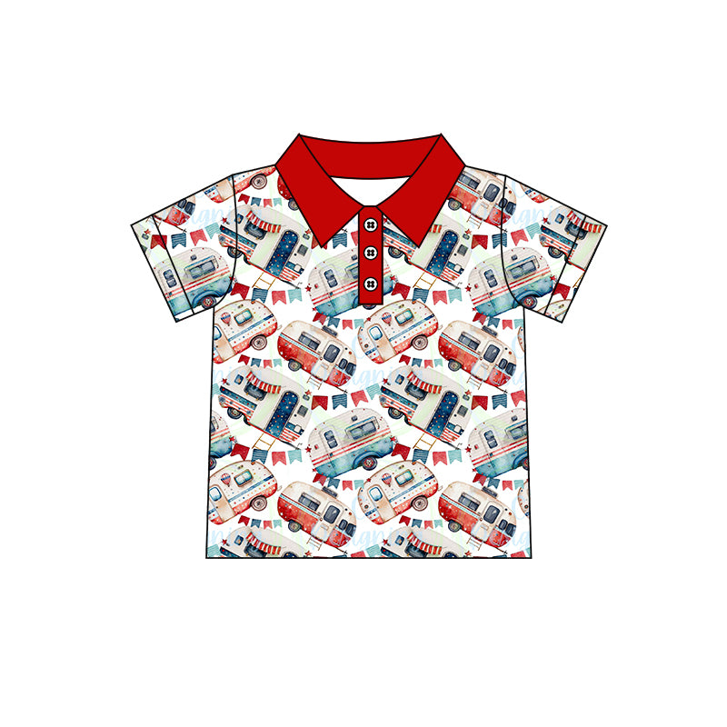 (Custom Design Preorder MOQ 5) Camper Print Boys 4th of July Polo Tee Shirts Top