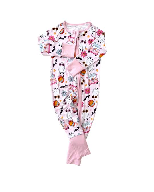 (Custom Design Preorder MOQ 5) Ghost Pumpkin Flowers Print Baby Girls Halloween Sleeper Zipper Romper