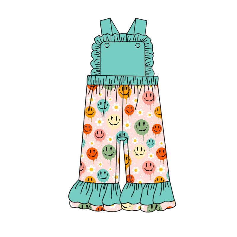 (Custom Design Preorder MOQ 5) Colorful Smiling Face Flowers Print Girls Summer Jumpsuits