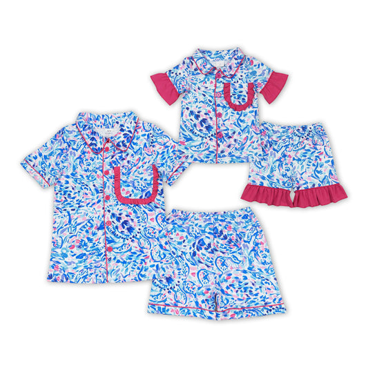 Purple Turtle Seaweed Print Mom and Me Matching Summer Pajamas Clothes Set