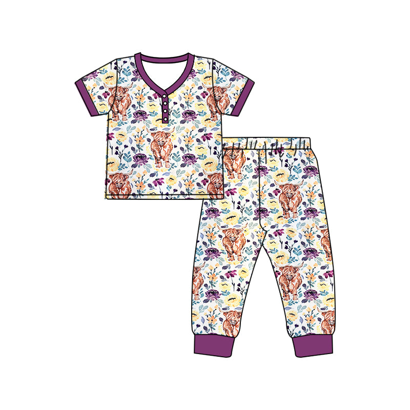 1.7(Custom Design Preorder MOQ 5 Each Design) Highland Cow Flowers Print Pajamas Sets Mom and Me Matching Clothes