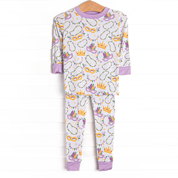 (Custom Design Preorder MOQ 5) Mask Print Girls Mardi Gras Pajamas Clothes Set
