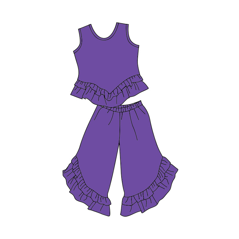 (Custom Design Preorder MOQ 5) Purple Sleeveless Top Ruffles Pants Girls Clothes Set