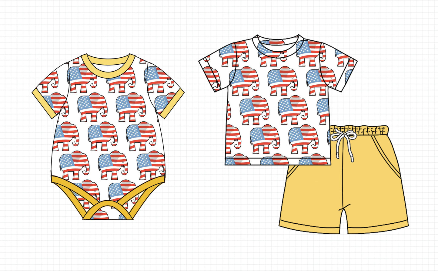 2.22(Custom Design Preorder MOQ 5 Each Design) Elephant Flag Print Boys 4th of July Matching Clothes Brothers Wear