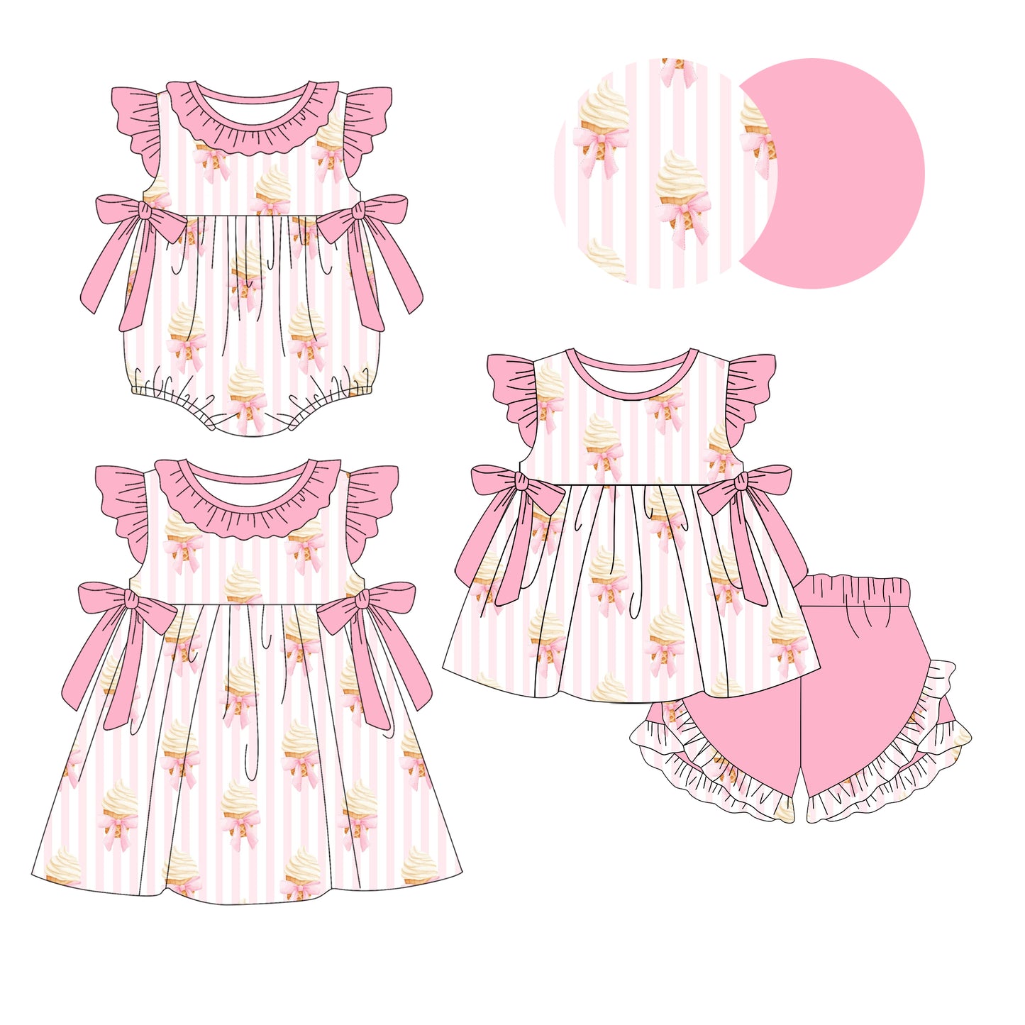 3.10(Custom Design Preorder MOQ 5 Each Design) Ice Cream Pink Print Girls Summer Matching Clothes Sisters Wear