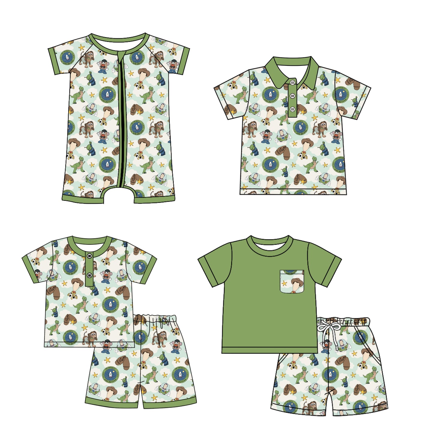 1.7(Custom Design Preorder MOQ 5 Each Design) Cartoon Toys Green Print Boys Summer Matching Clothes Brothers Wear