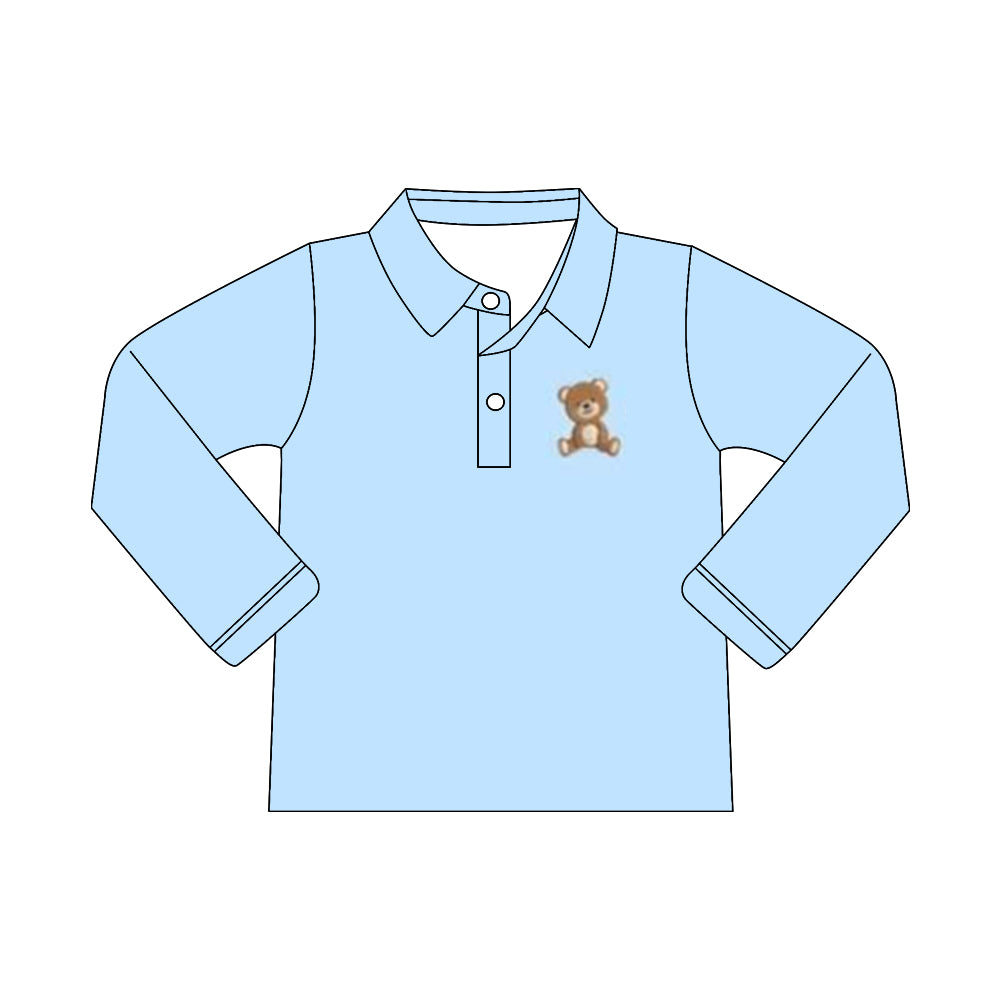 (Custom Design Preorder MOQ 5 ) Cute Bear Blue Print Boys Long Sleeve Polo Tee Shirts Top