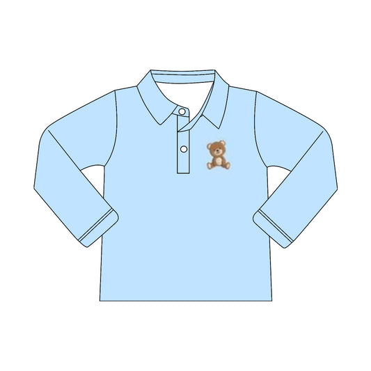 (Custom Design Preorder MOQ 5 ) Cute Bear Blue Print Boys Long Sleeve Polo Tee Shirts Top