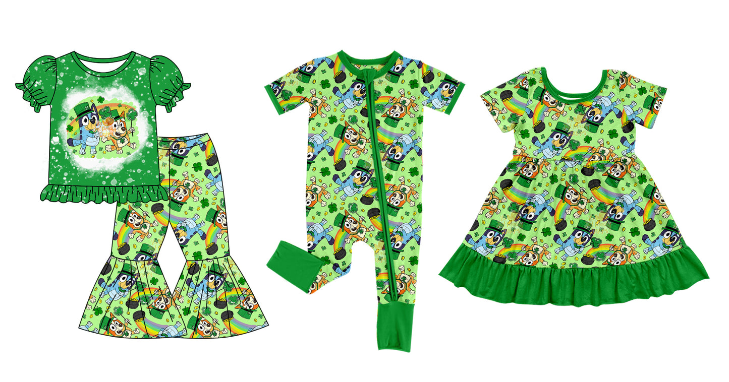 12.5(Custom Design Preorder MOQ 5 Each Design) Cartoon Dog Rainbow Print Girls St. Patrick's Day Matching Clothes Sisters Wear