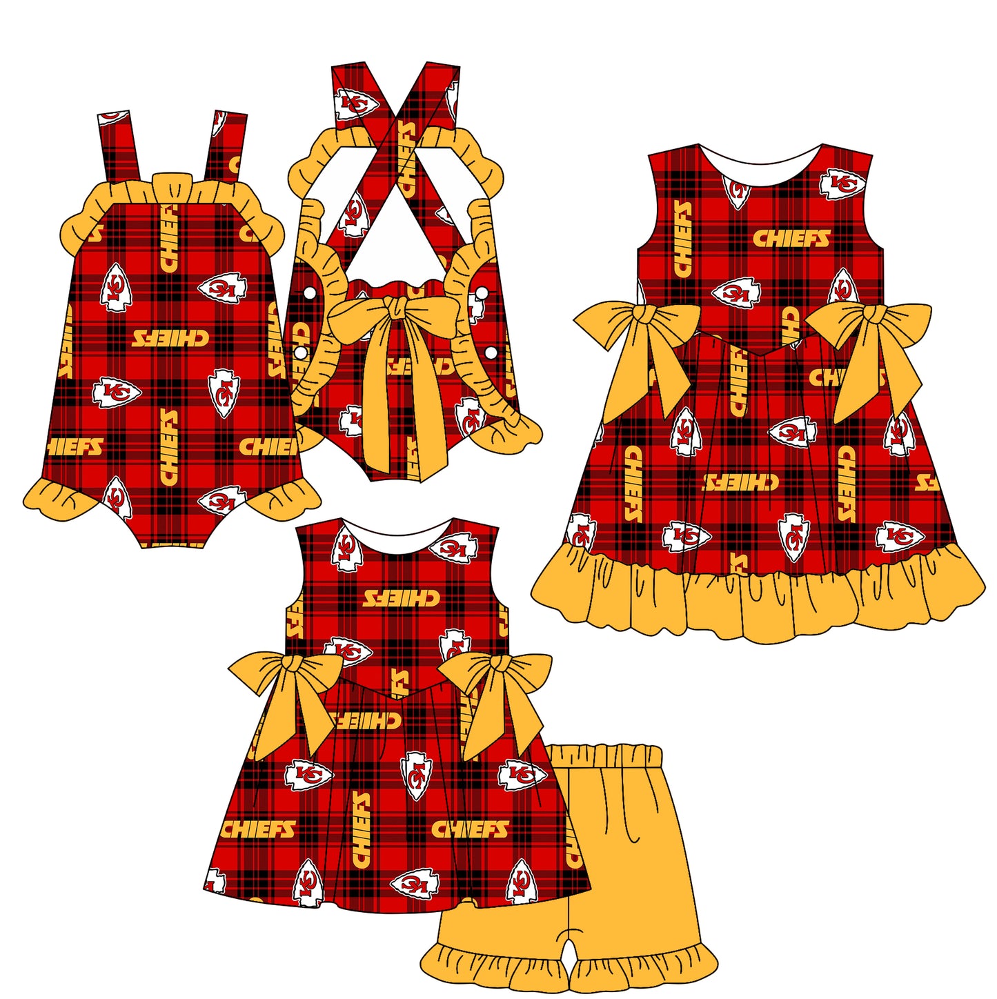 2.24(Custom Design Preorder MOQ 5 Each Design) Team's Chiefs KC Plaid Print Girls Summer Matching Clothes Sisters Wear