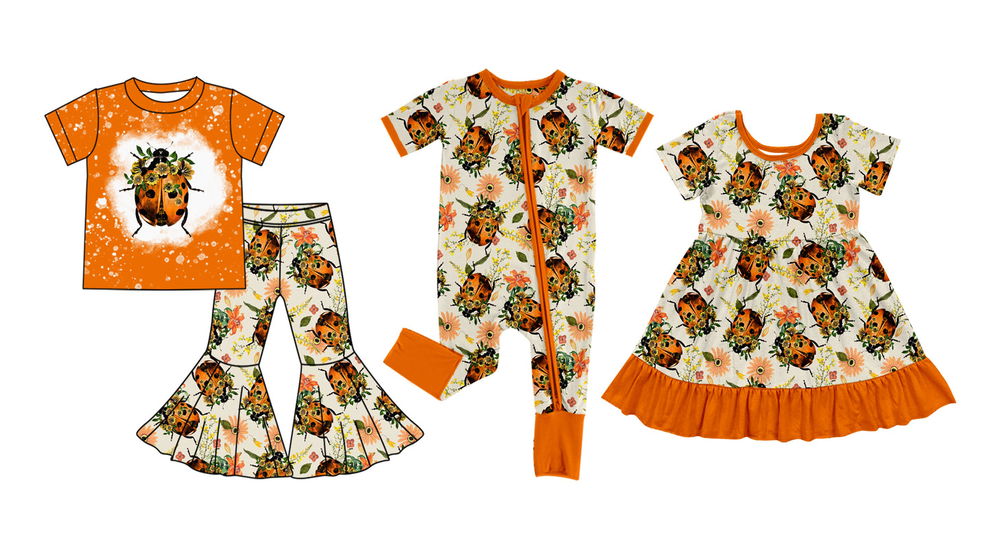 12.5(Custom Design Preorder MOQ 5 Each Design) Ladybird Flowers Orange Print Girls Matching Clothes Sisters Wear