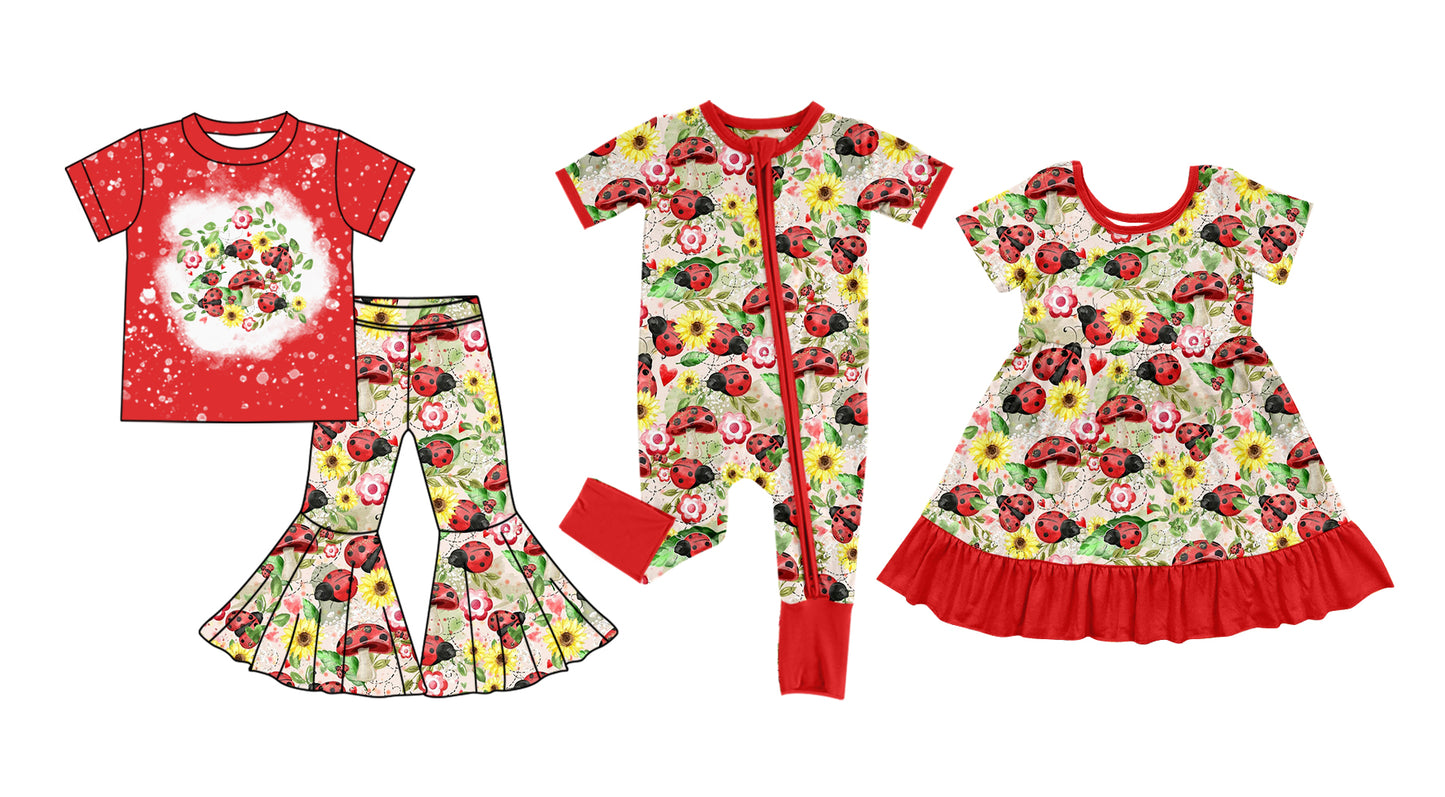 12.5(Custom Design Preorder MOQ 5 Each Design) Ladybird Flowers Print Girls Matching Clothes Sisters Wear