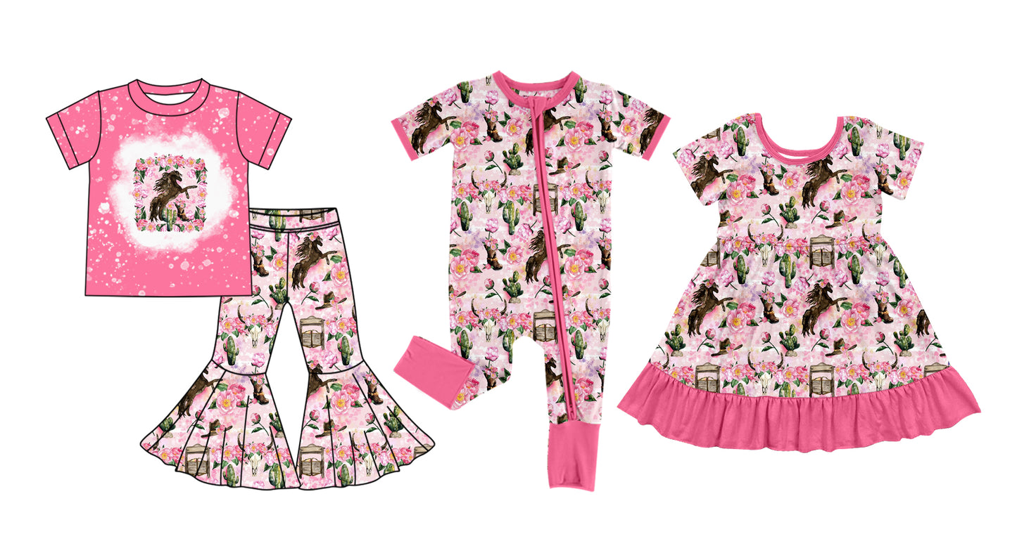 12.5(Custom Design Preorder MOQ 5 Each Design) Horse Cactus Flowers Print Girls Matching Clothes Sisters Wear