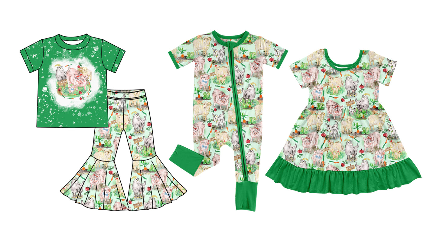 12.5(Custom Design Preorder MOQ 5 Each Design) Farm Animals Print Girls Matching Clothes Sisters Wear