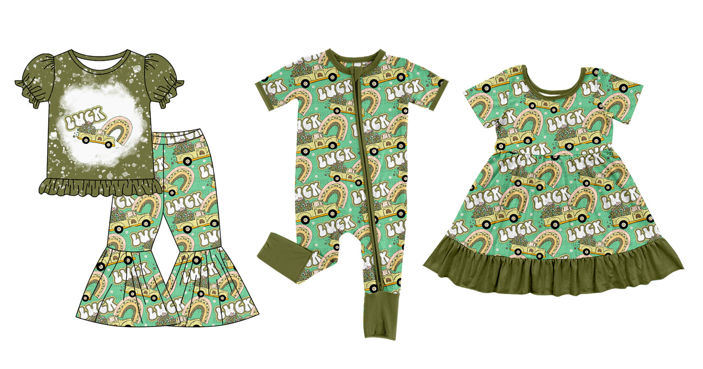 12.5(Custom Design Preorder MOQ 5 Each Design) Luck Rainbow Leaf Trunks Print Girls St. Patrick's Day Matching Clothes Sisters Wear