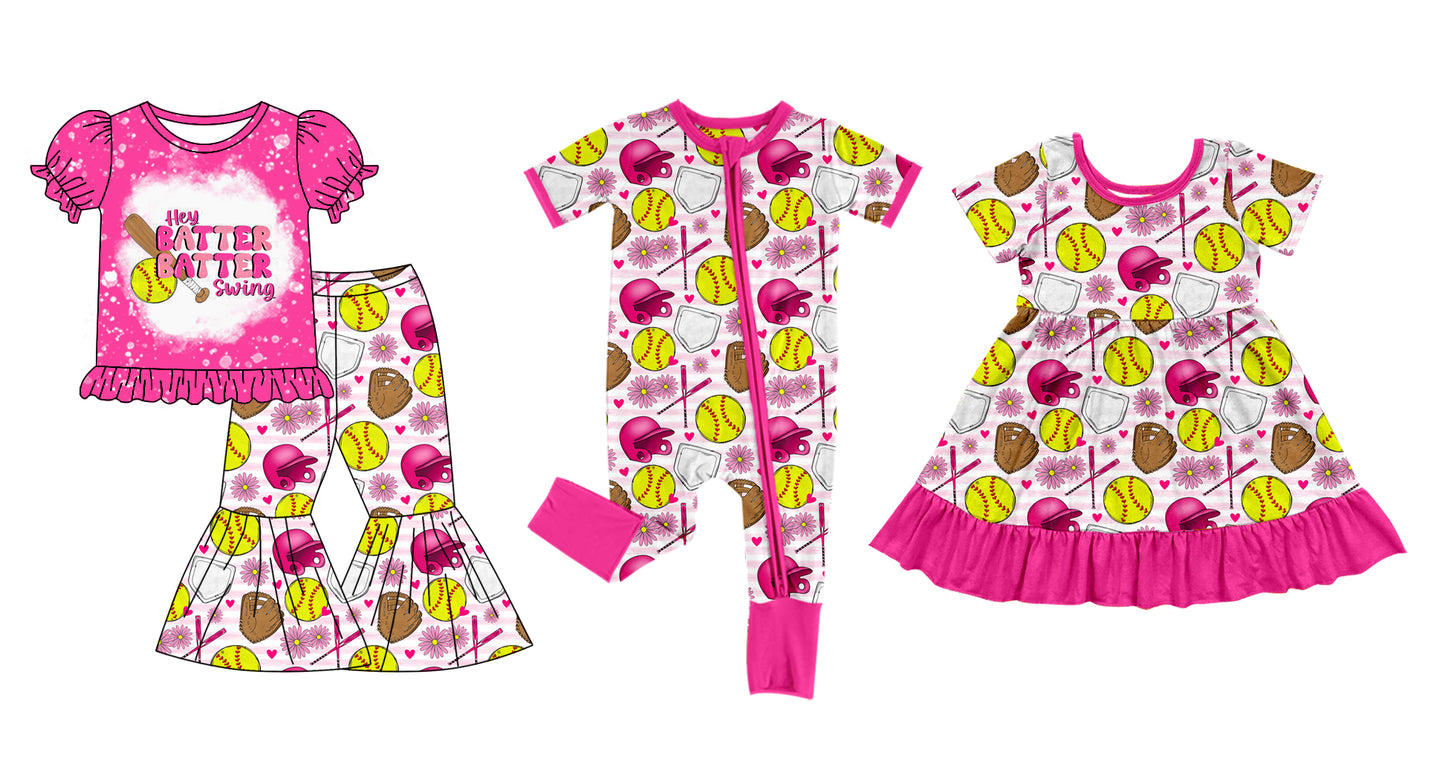 12.5(Custom Design Preorder MOQ 5 Each Design) Softball Flowers Print Girls Matching Clothes Sisters Wear
