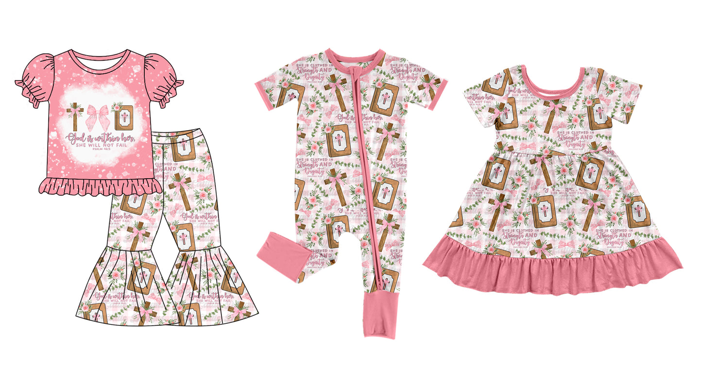 12.5(Custom Design Preorder MOQ 5 Each Design) Cross Pink Flowers Print Girls Easter Matching Clothes Sisters Wear