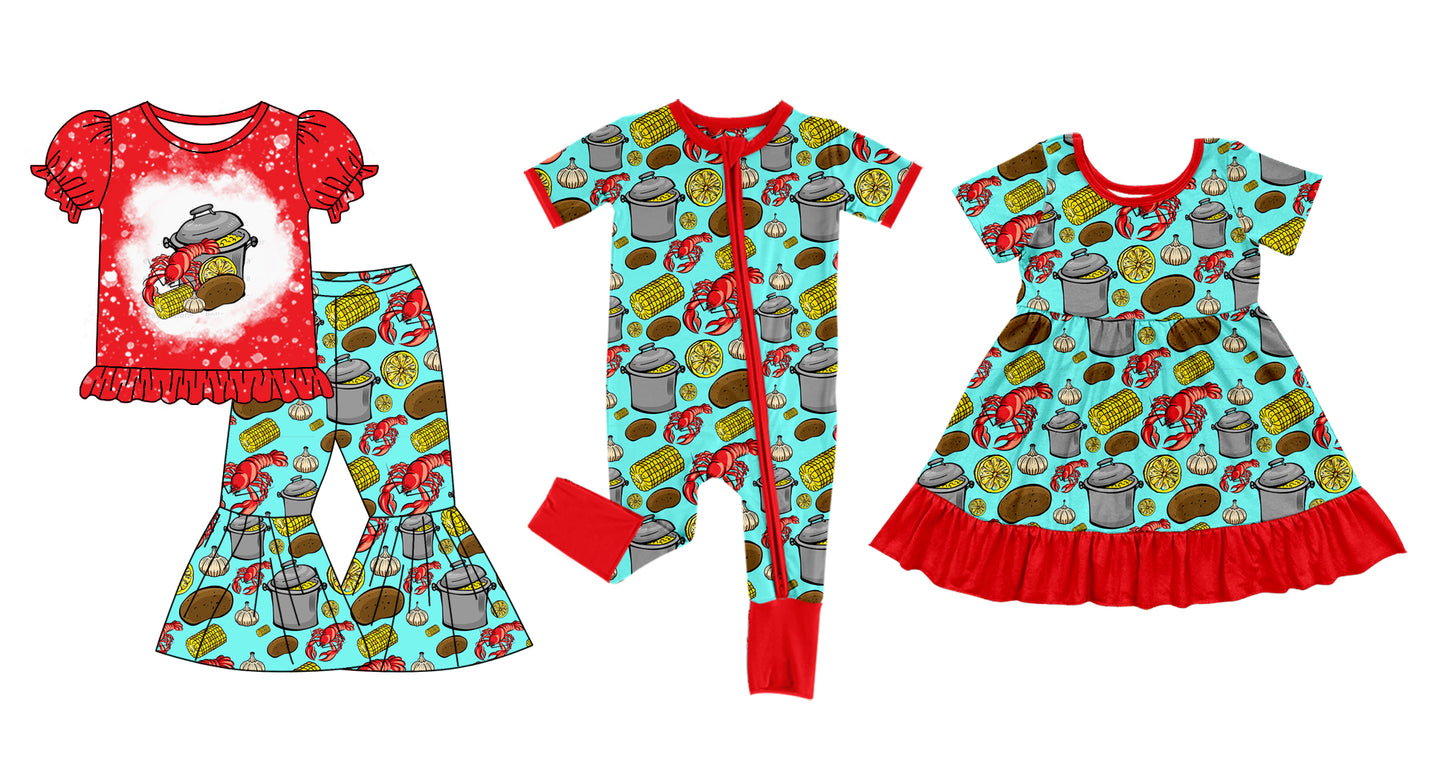 12.5(Custom Design Preorder MOQ 5 Each Design) Crayfish Corn Print Girls Mardi Gras Matching Clothes Sisters Wear