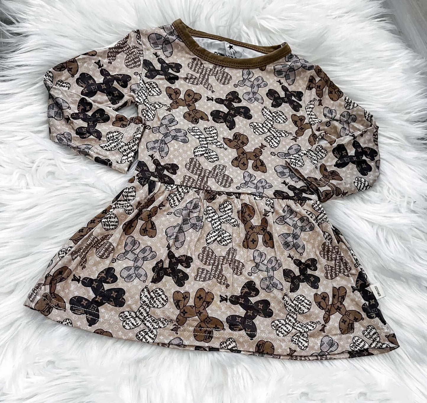 (Custom Design Preorder MOQ 5) L**V Dog Brown Print Girls Knee Length Dress