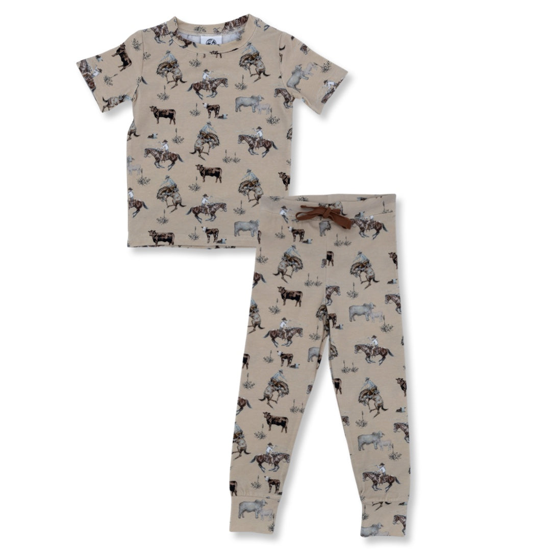 (Custom Design Preorder MOQ 5) Cowboy Khaki Print Kids Western Pajamas Clothes Set