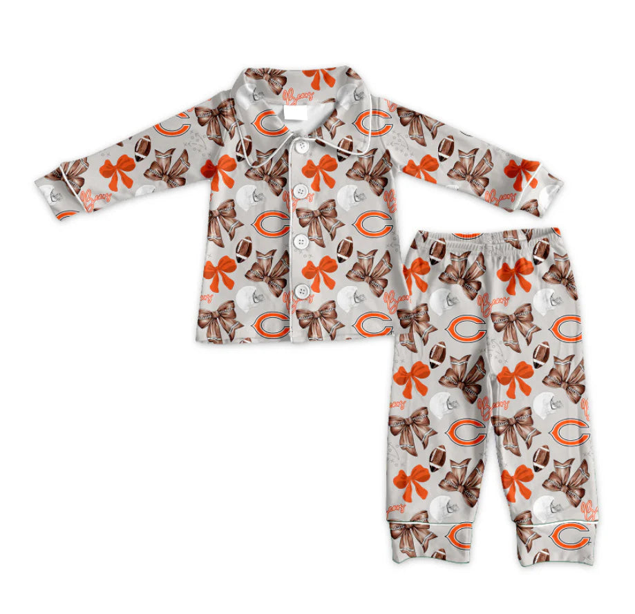 (Custom Design Preorder MOQ 5 Each Item)Team's BEARS Football Bows Print Girls Matching Clothes