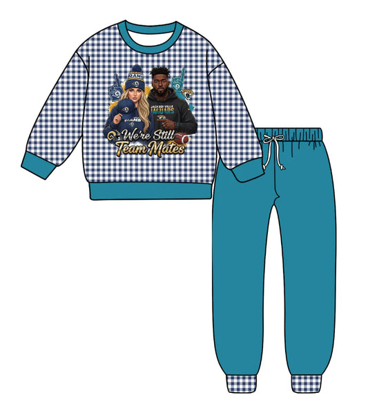 (Custom Design Preorder MOQ 5) Team's JAGUARS Plaid Print Blue Pants Kids Fall Clothes Set
