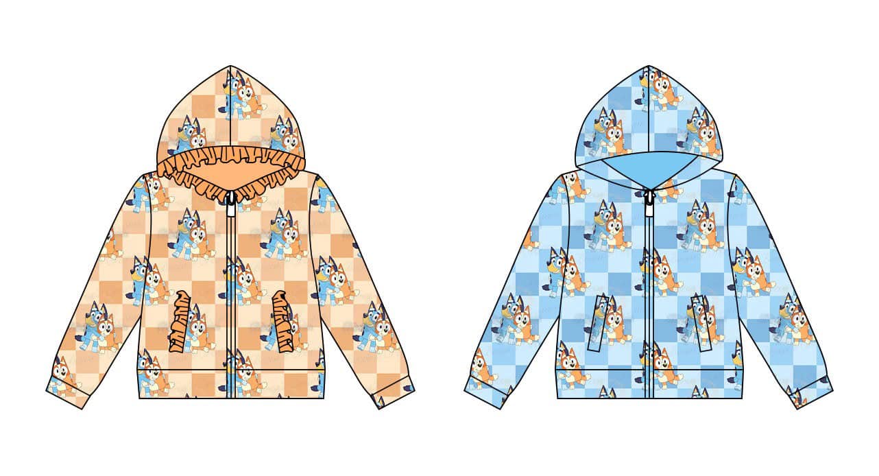 (Custom Design Preorder MOQ 5 ) Cartoon Dog Blue Plaid Print Boys Fall Zipper Hoodie Top