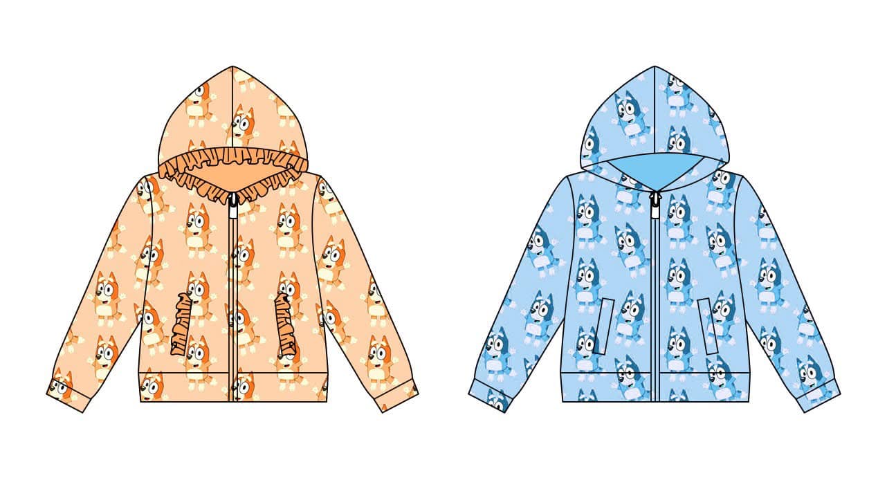 (Custom Design Preorder MOQ 5 ) Cartoon Dog Blue Print Boys Fall Zipper Hoodie Top