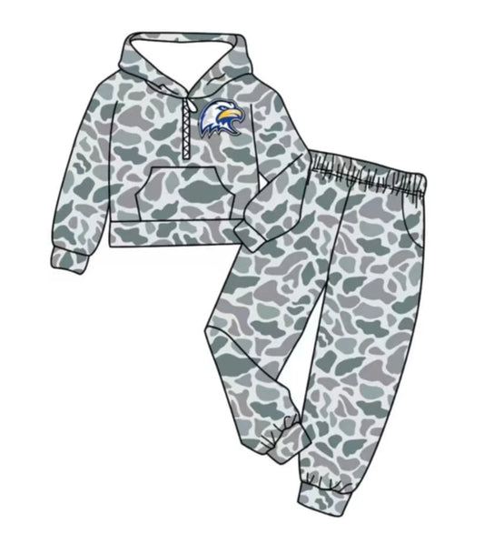 (Custom Design Preorder MOQ 5) Team's Eagle Grey Camo Print Hoodie Zipper Top Pockets Pants Boys Fall Clothes Set