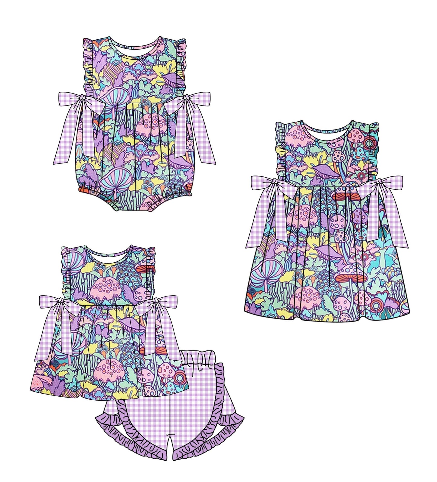 1.10(Custom Design Preorder MOQ 5 Each Design) Mushroom Print Girls Summer Matching Clothes Sisters Wear