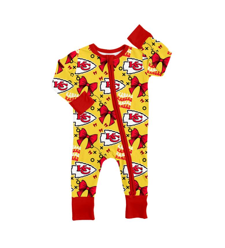 (Custom Design Preorder MOQ 5) Team's KC Bows Print Baby Girls Sleeper Zipper Romper